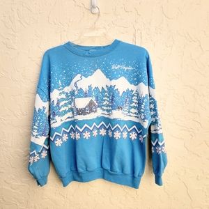 Lifestyles Sweatshirt Blue White Winter Essential Farm WV Snow Scene